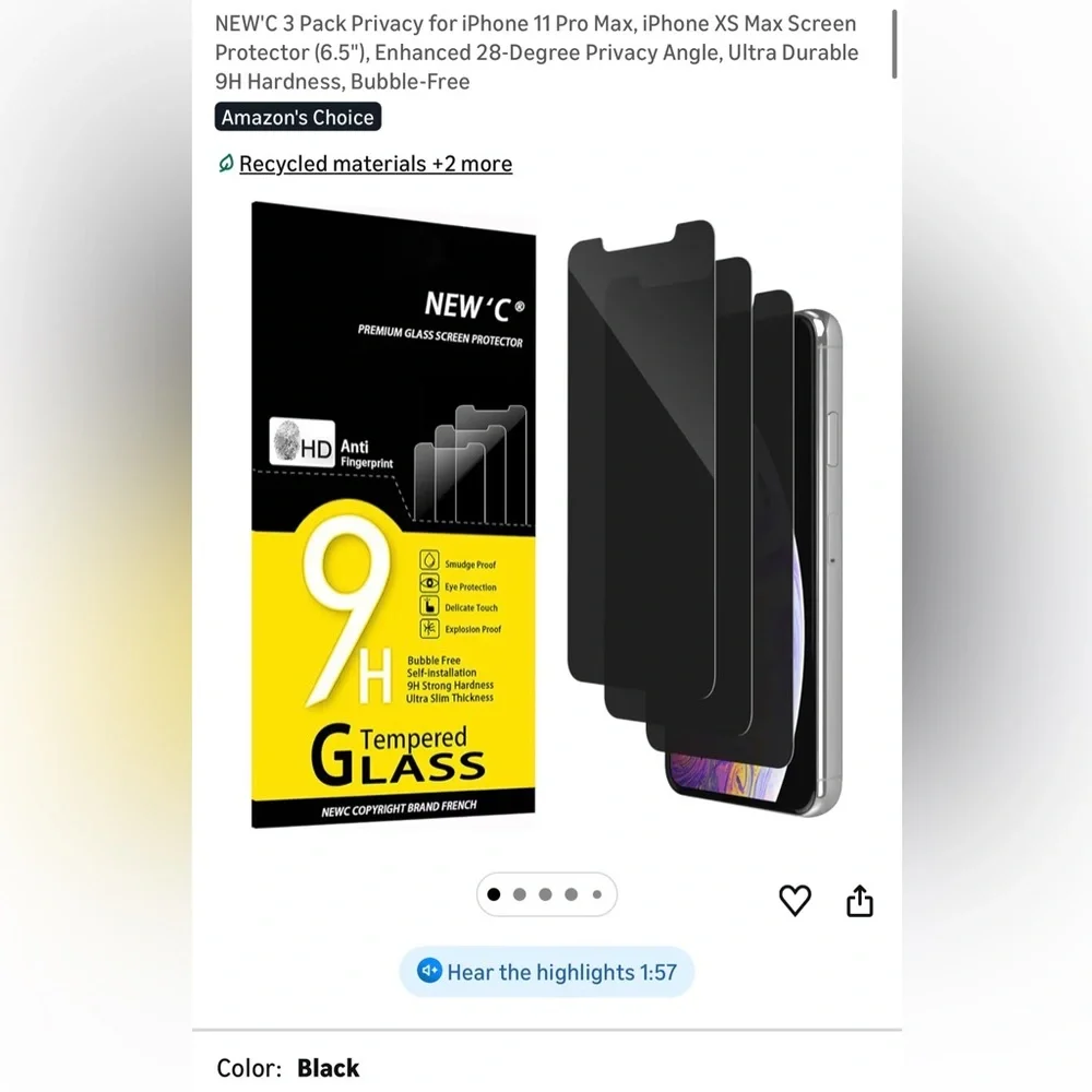 Privacy Screen Protector for iPhone 11 Pro Max/XS MAX - Black